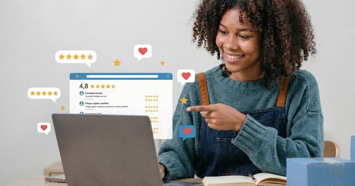 Empreendedora apontando para avaliação de clientes do seu e-commerce