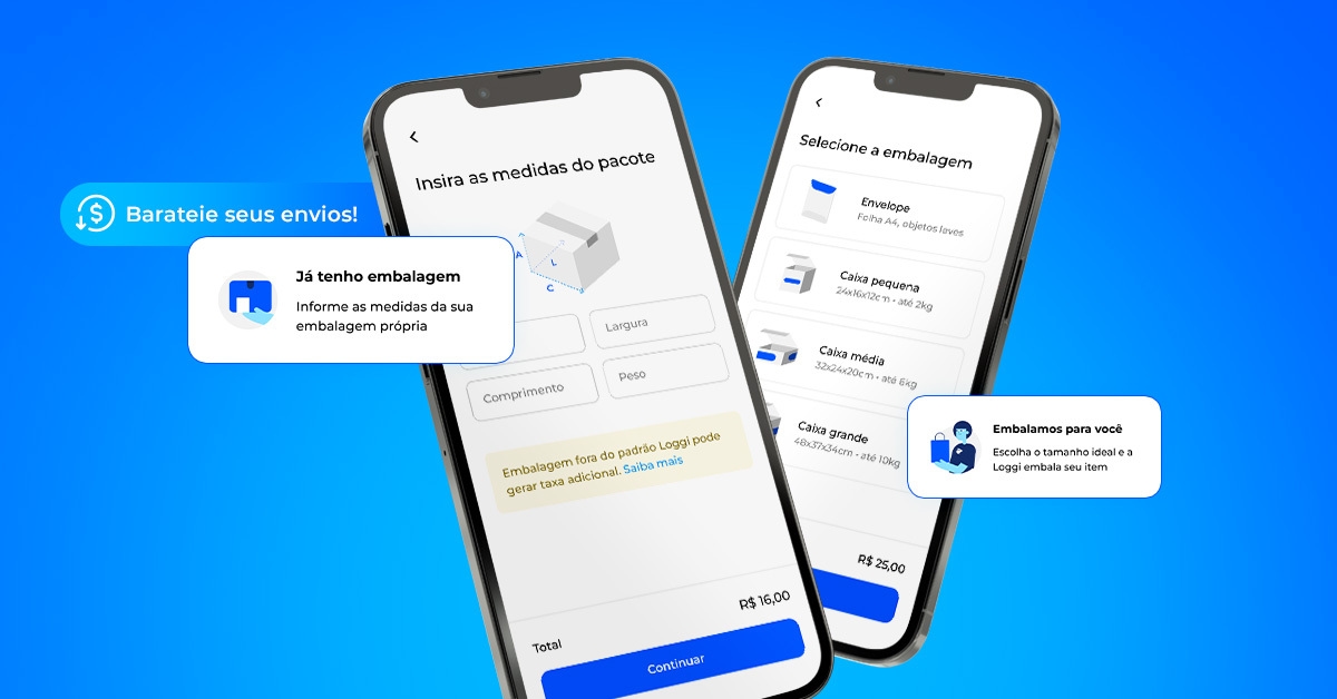 A Imagem mostra as telas do aplicativo da Loggi, que ressaltam a nova opção de embalagem opcional no Loggi Fácil.